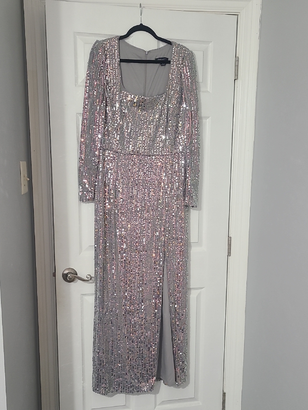Silver Pink Sequin Long Sleeve Evening Gown